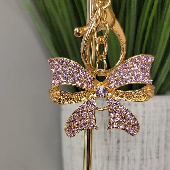 Purple Gold Bow Keychain Bag charm Rhinestone - Picture 3 of 10